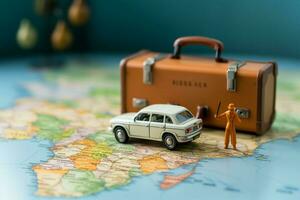 fechar acima miniatura homem de negocios, mala, Bolsa, e branco carro em meio a uma vibrante mundo mapa ai gerado foto