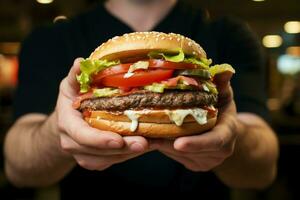 uma tentador fechar acima do uma musculoso hamburguer agarrado de uma mans com fome mãos ai gerado foto