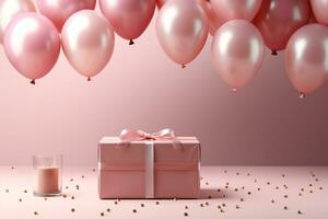comemorativo topo Visão pastel Rosa mesa, com arestas em balão quadro, confete aniversário cena ai gerado foto