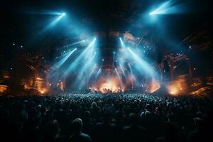 ai generativo lotado show etapa cenário com holofotes e colori luzes realista imagem, ultra hd foto