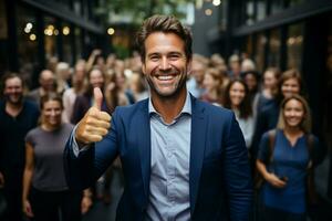 ai generativo grupo do feliz o negócio homem e o negócio mulheres, vestido dentro ternos estão sorridente, dentro a escritório foto