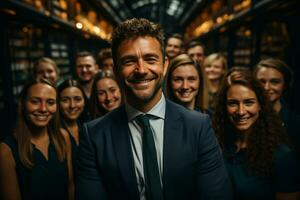 ai generativo grupo do feliz o negócio homem e o negócio mulheres, vestido dentro ternos estão sorridente, dentro a escritório foto