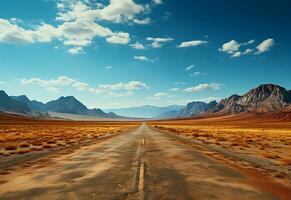 ai generativo foto estrada Claro céu deserto montanhas panorama realista imagem, ultra hd, Alto Projeto muito detalhado