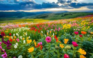 explosão do da natureza paleta, uma cativante mostruário do vibrante flores silvestres dentro cheio florescer, pintura a panorama com da natureza brilho. ai gerado foto