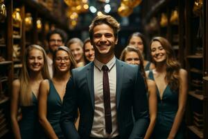 ai generativo grupo do feliz o negócio homem e o negócio mulheres, vestido dentro ternos estão sorridente, dentro a escritório foto