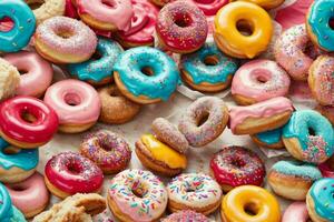 delicioso rosquinhas do multicolorido doce rosquinhas com polvilhe. pró phot foto