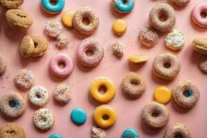 delicioso rosquinhas do multicolorido doce rosquinhas com polvilhe. pró phot foto