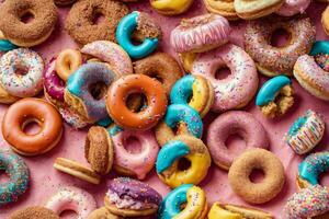 delicioso rosquinhas do multicolorido doce rosquinhas com polvilhe. pró phot foto