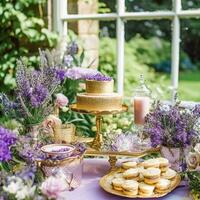 Casamento bolo com lavanda floral decoração, festa celebração e feriado sobremesa dentro uma campo jardim, evento Comida refeições, país chalé estilo, generativo ai foto