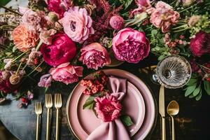 feriado paisagem de mesa, formal jantar mesa contexto, Rosa peônia mesa escapar com peônias decoração para Casamento festa e evento celebração, generativo ai foto