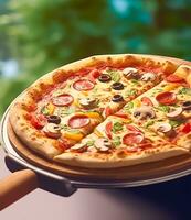 pizza capricciosa caseiro ao ar livre dentro a jardim, conectados Entrega a partir de pizzaria, levar longe e italiano velozes comida, generativo ai foto