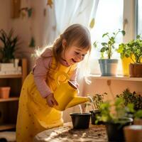 jovem menina rega plantas foto