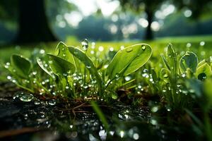 chuvoso dia vibrações borrado verde grama, uma calmante natural tela de pintura ai gerado foto
