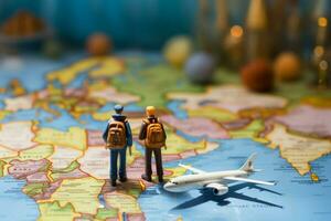 miniatura masculino e fêmea Viajantes com mochilas ficar de pé perto uma mundo mapa e avião modelo ai gerado foto