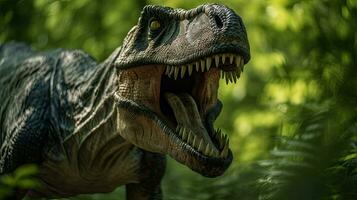 tiranossauro, t-rex dentro a floresta fundo, generativo ai foto