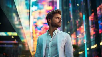 uma brutalmente bonito homem dentro uma moderno camisa, ai gerado foto