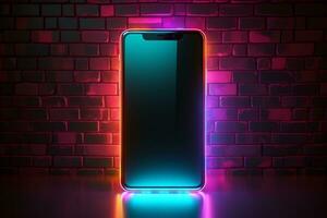 estilo neon Móvel telefone emblema pops em tijolo parede, refletindo digital vibração em todos os lugares. ai gerado foto