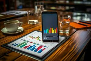 estratégico o negócio planejamento com Móvel aplicativo e kpi Métricas análise foto