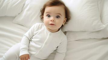 branco cama, uma bebê desgasta uma branco camisa maiô brincar, a body confortável em forma envolve a bebê dentro conforto, ai gerado foto