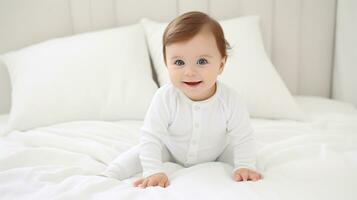 imaculado branco cama, uma bebê desgasta uma branco camisa maiô brincar, a body confortável em forma envolve a bebê dentro conforto, ai gerado foto