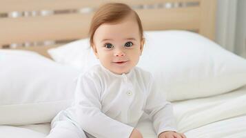 aninhado em uma imaculado branco cama, uma bebê desgasta uma branco camisa maiô brincar, gerado por IA foto