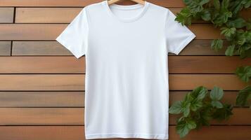 uma branco mulheres algodão camiseta brincar é elegantemente exibido em uma de madeira fundo, ai gerado foto