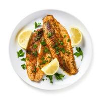 cajun temperado peixe-gato filé com picante limão acentos limpo isolado em branco foto