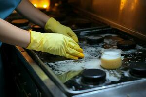 doméstico cena fêmea mão dentro luvas limpa forno, donas de casa satisfação evidente a partir de acima ai gerado foto