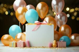 vibrante aniversário festa cartão apresentando balões, bolo, velas, presente caixa, e bandeira ai gerado foto