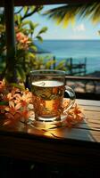 bebericando paraíso, chá ou café com tropical cena em madeira fundo vertical Móvel papel de parede ai gerado foto