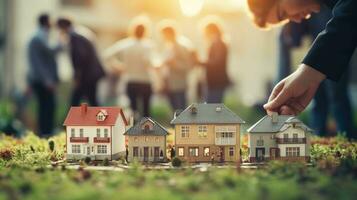 uma família em pé dentro frente do uma linha do casas diferente aspectos do a propriedades, ai gerado foto