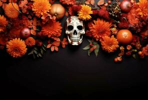 hispânico herança açúcar crânio calêndula festivo dia de los muertos fundo, ai gerado foto