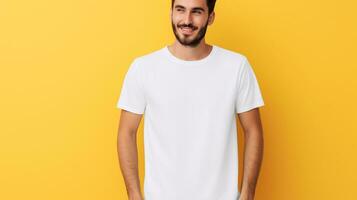 masculino vestindo uma branco camiseta para uma brincar Projeto em uma vibrante amarelo fundo, ai gerado foto