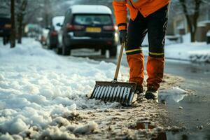 calçada limpo de estrada trabalhador dentro especial traje, removendo neve depois de tempestade de neve. ai gerado foto