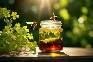 energizado abelha escapes jarra, em meio a folhagem, lente flare acrescenta sonhadores esplendor ai gerado foto