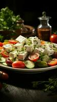 Mediterrâneo prazer, feta queijo adornado grego salada descansos em a mesa vertical Móvel papel de parede ai gerado foto