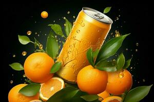 laranja refrigerante pode desce, cercado de fresco laranjas, folhas, e vôo fatias ai gerado foto