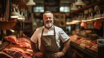 uma masculino açougueiro dentro uma tradicional carne comprar, ai gerado foto