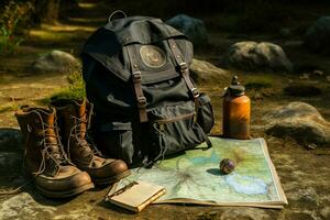 navegação desconhecido territórios com mochila, Turística botas, mapa, bússola, e chapéu ai gerado foto