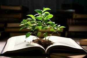 uma florescente verde plantar cresce a partir de a Páginas do a aberto livro ai gerado foto