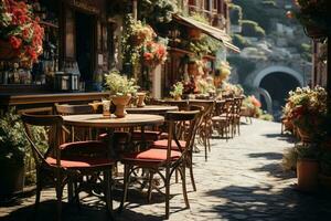 desfrutando a verão às a italiano inspirado ao ar livre cafeteria com talento ai gerado foto