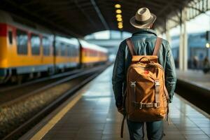 Scott de camisa viajante com uma azul mochila, bagagem, e chapéu às a trem estação ai gerado foto