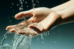 fechar-se do uma mulher mão abraçando a refrescante respingo do água, promovendo cuidados com a pele ai gerado foto