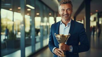 sucesso homem de negocios segurando troféu com radiante sorrir foto