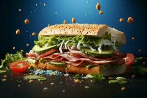 criativo composição do uma Eterno americano sanduíche sobe contra uma azul fundo ai gerado foto