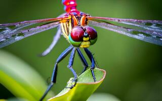 macro domínio, revelador a hipnotizante detalhe dentro a intrincado asa padrões do uma libélula acima fechar. ai gerado foto