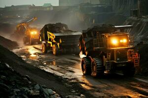 vibrante carvão meu cena pesado caminhões, escavadeiras dominar dentro movimentado mineração indústria. ai gerado foto