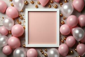 Careca Visão pastel Rosa mesa, balãoemoldurado quadro, confete perfeito aniversário plano deitar ai gerado foto