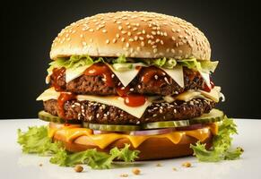 ai generativo Duplo Hamburger isolado em branco fundo fresco hamburguer velozes Comida com carne e creme queijo realista imagem, ultra hd, Alto Projeto muito detalhado foto