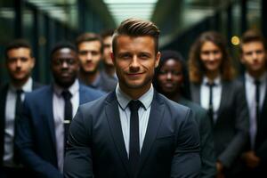 ai generativo grupo do feliz o negócio homem e o negócio mulheres, vestido dentro ternos estão sorridente, dentro a escritório foto